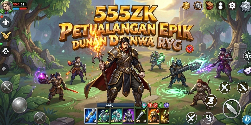 Tampilan gameplay RPG di 555ZK dengan karakter beraksi dalam pertempuran.