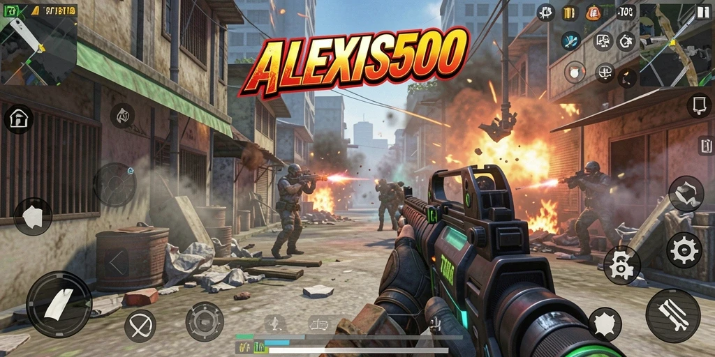 Screenshot gameplay utama ALEXIS500 yang menunjukkan aksi seru dalam pertempuran TPS.