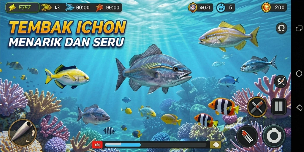 Screenshot F7F7 menampilkan aksi menembak ikan yang menarik.