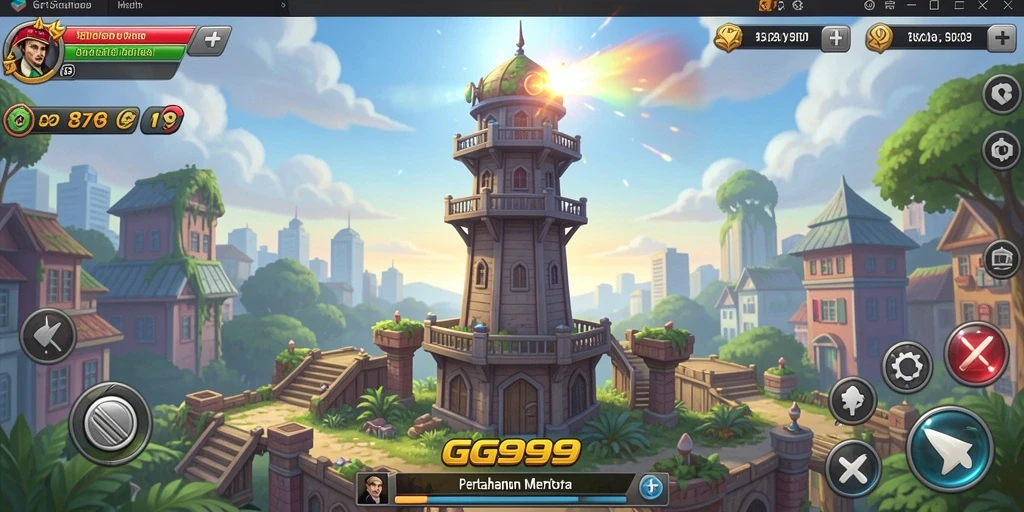 Tampilan menara dan aksi seru dalam GG999 saat melawan gelombang musuh.
