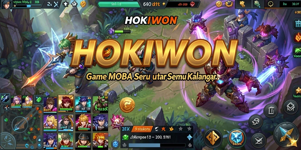 Tampilan gameplay seru dari HOKIWON dengan aksi MOBA yang mendebarkan.