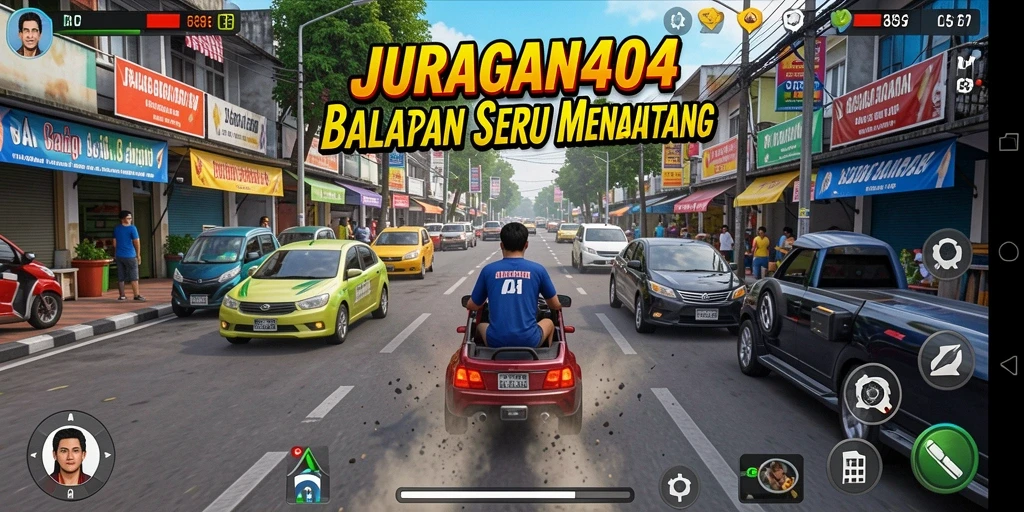 Tampilan gameplay JURAGAN404 dengan balapan menegangkan di trek yang menantang.