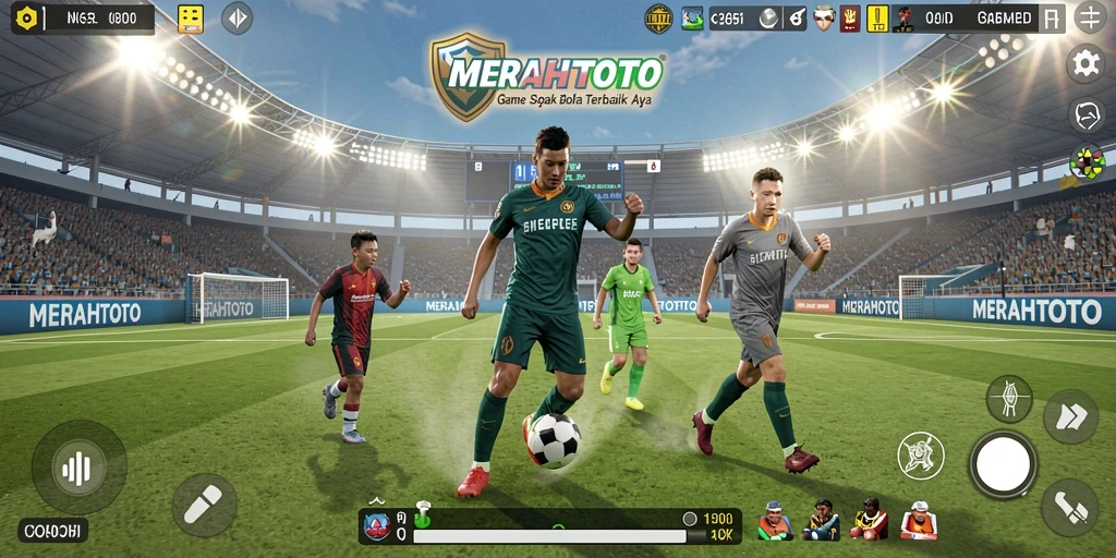 Screenshot gameplay MERAHTOTO menampilkan aksi seru sepak bola.