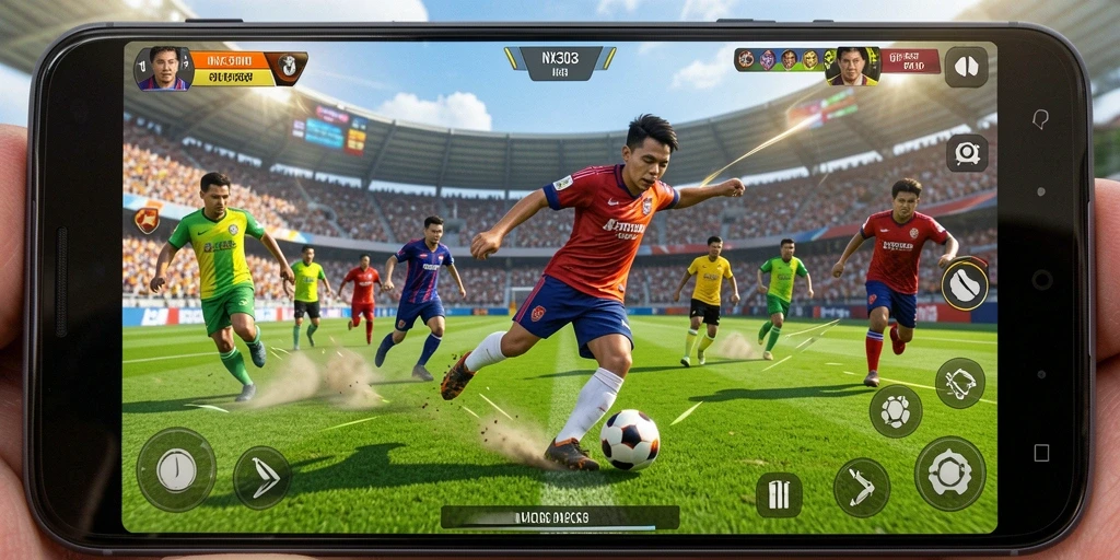 Tampilan gameplay sepak bola yang seru dan realistis.