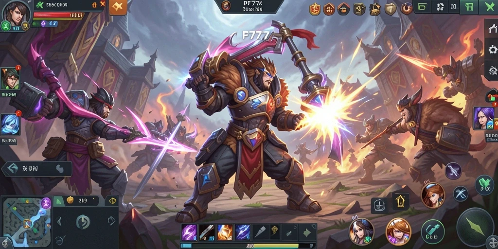 Tangkapan layar gameplay seru dari PF777 dalam pertempuran MOBA.