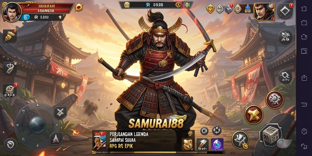 Screenshot gameplay SAMURAI88 yang menunjukkan pertempuran epik.
