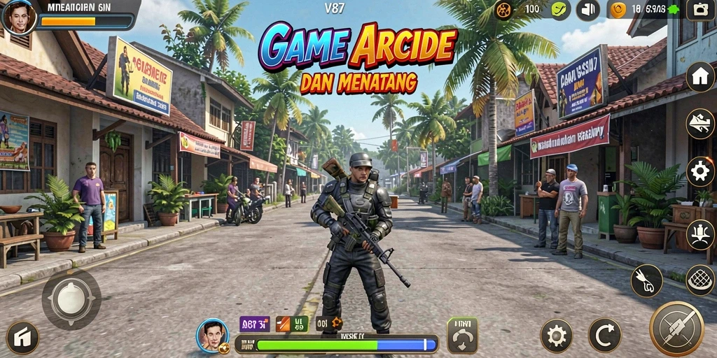Tangkapan layar utama V87 menampilkan gameplay Arcade yang seru dan menantang.