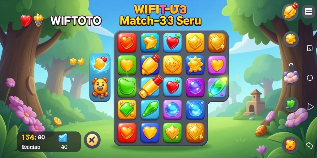 Screenshot WIFITOTO menampilkan gameplay Match-3 yang penuh warna.